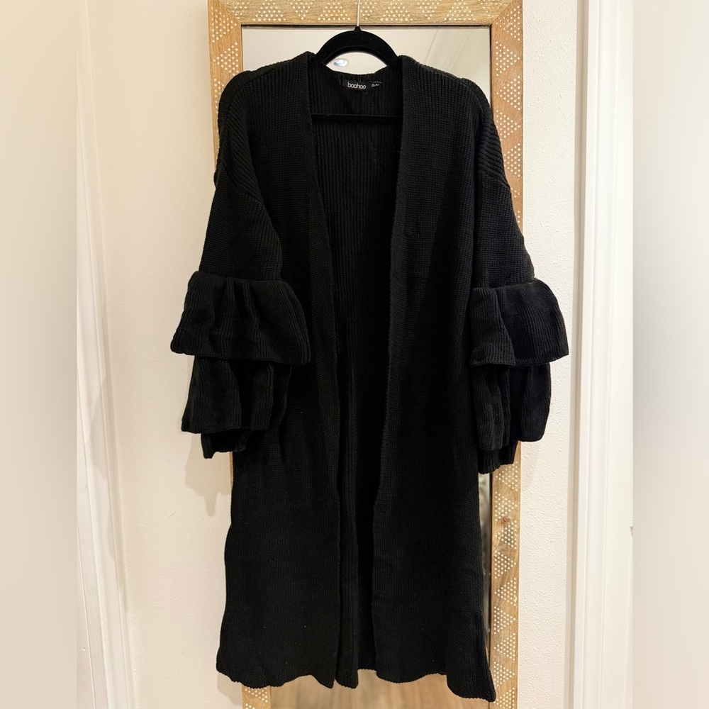Boohoo Cozy Black Ruffle Sleeve, Long Cardigan